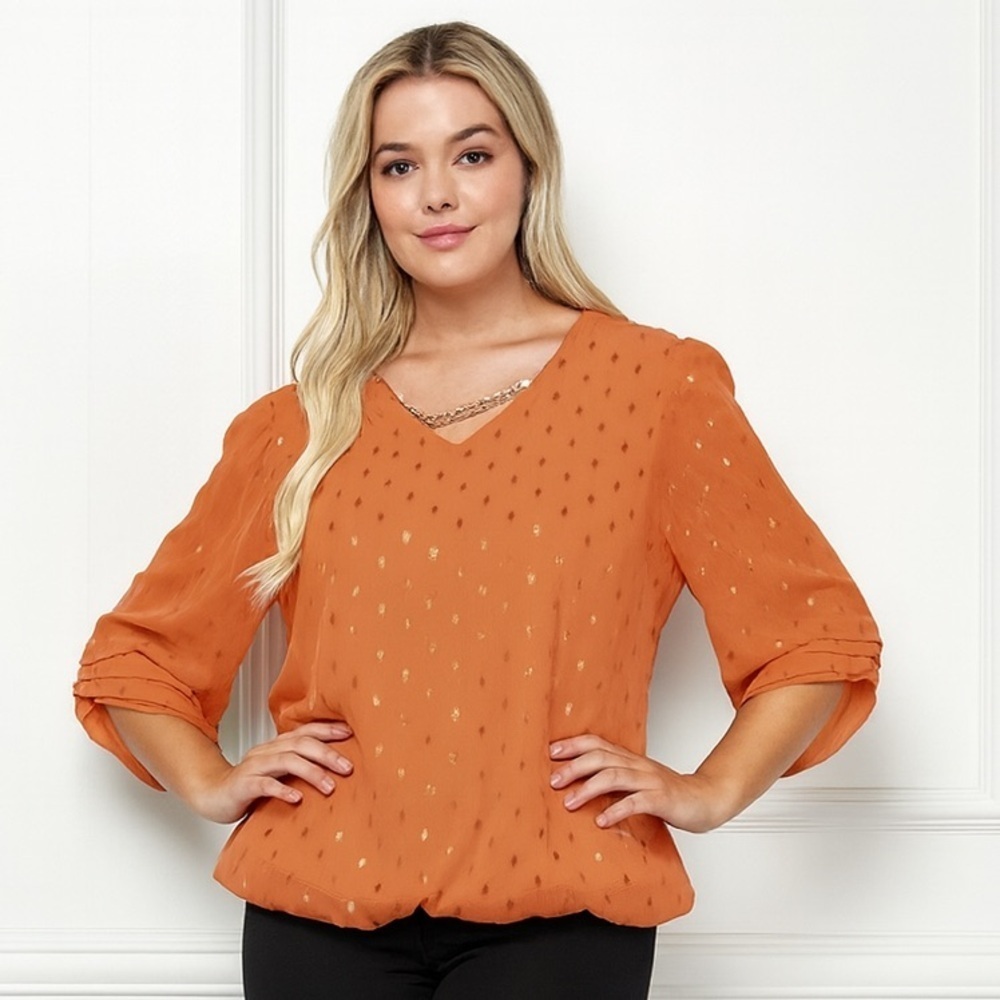Sara Michelle NWOT SIZE 3X Orange Bubble Hem Blouse with Gold Details - Picture 5 of 8